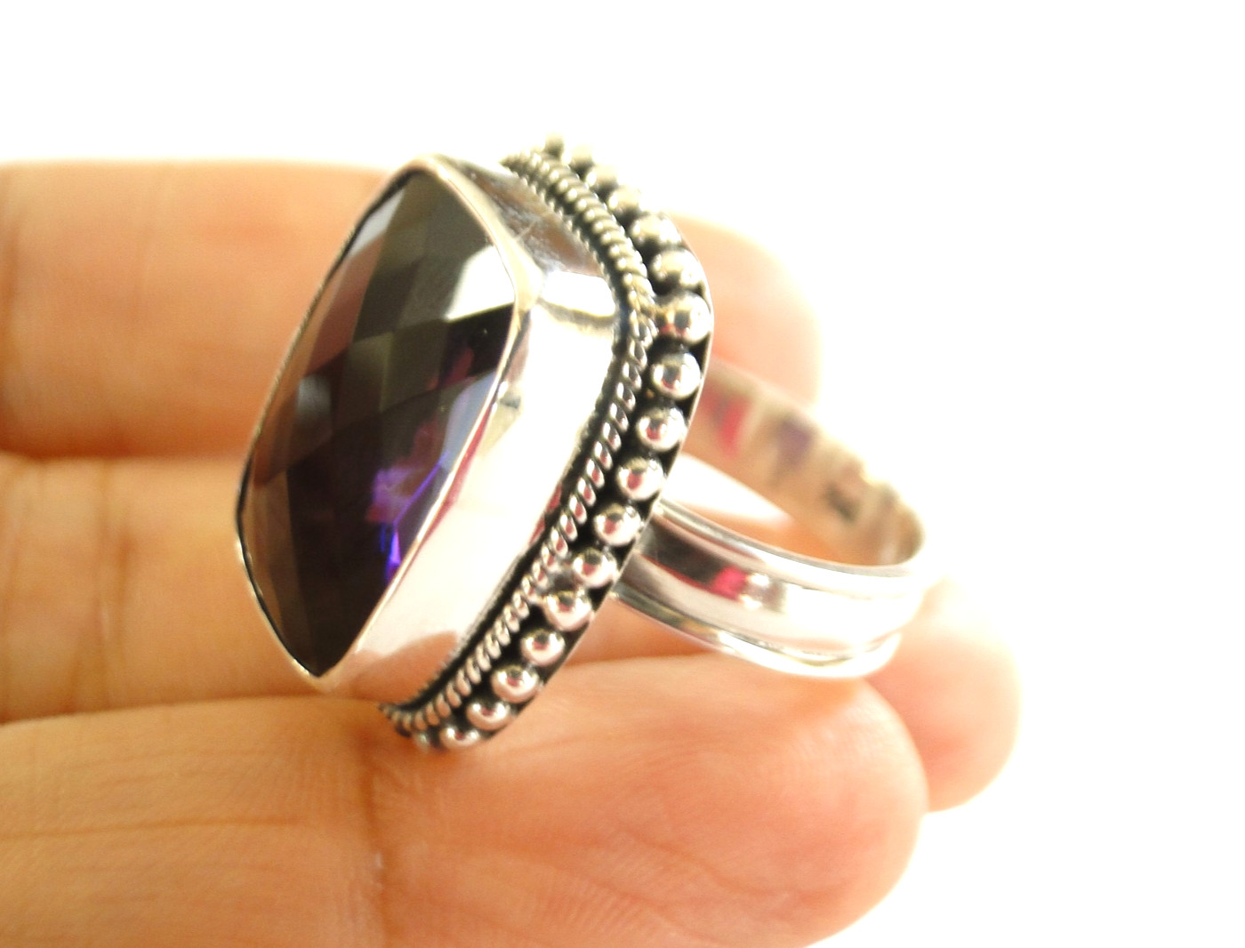 Amethyst 925 Sterling Silver Cushion Statement Ring Boho