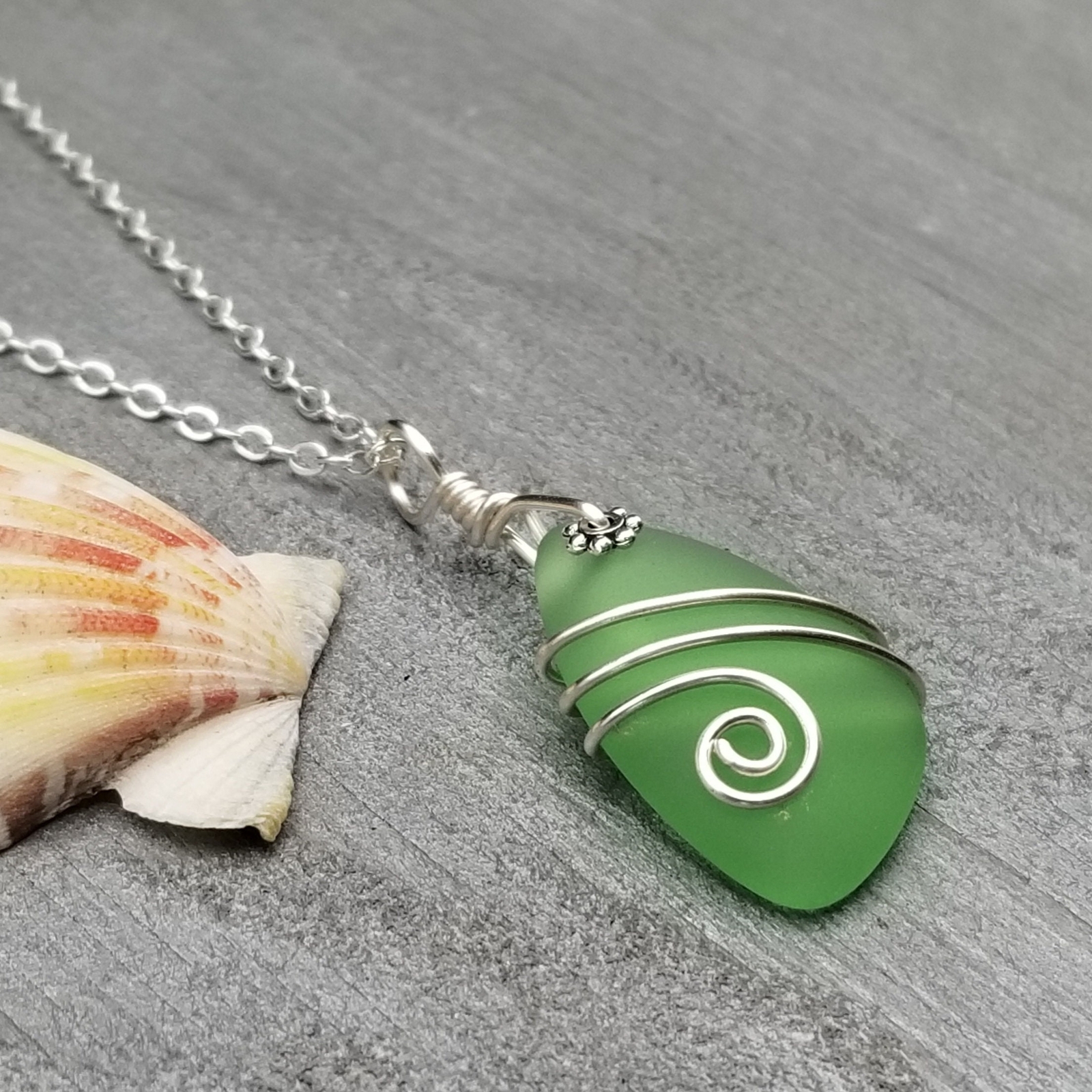 Hawaiian Jewelry Sea Glass Necklace, Wire Peridot Green Necklace, Unique Beach