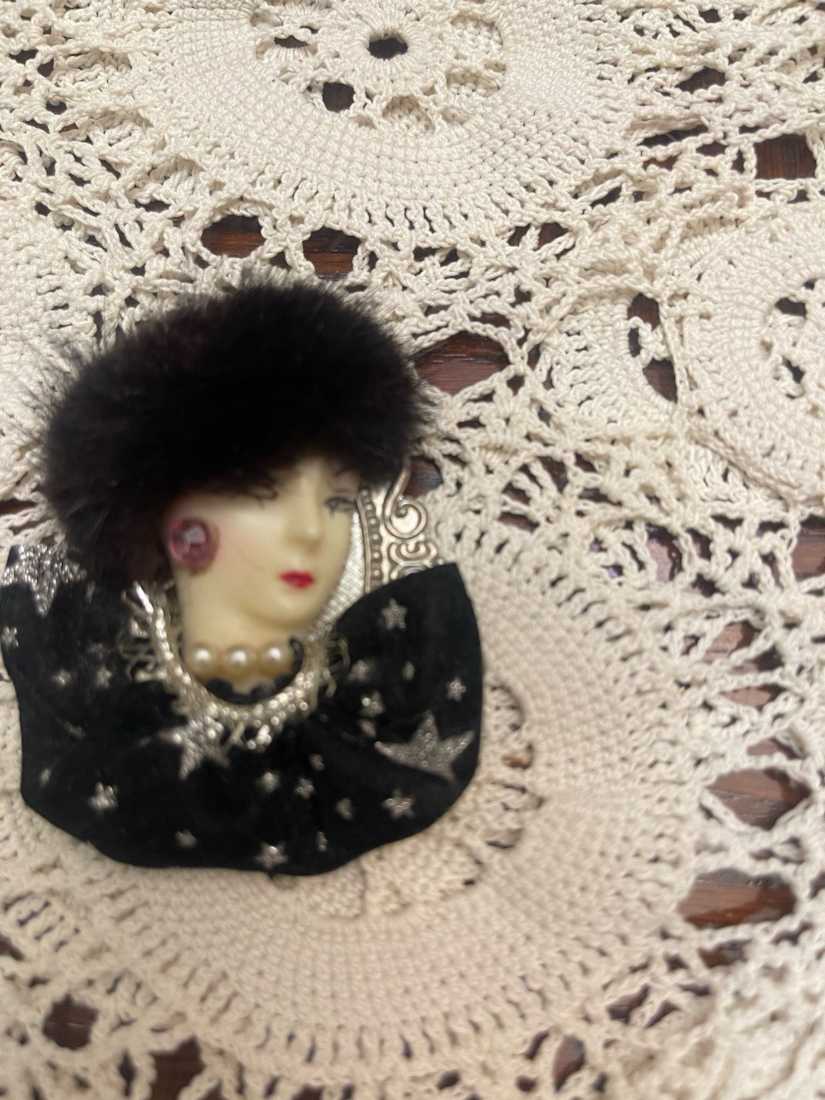 Vintage Booches Womens Faces With Fur And Rinestones