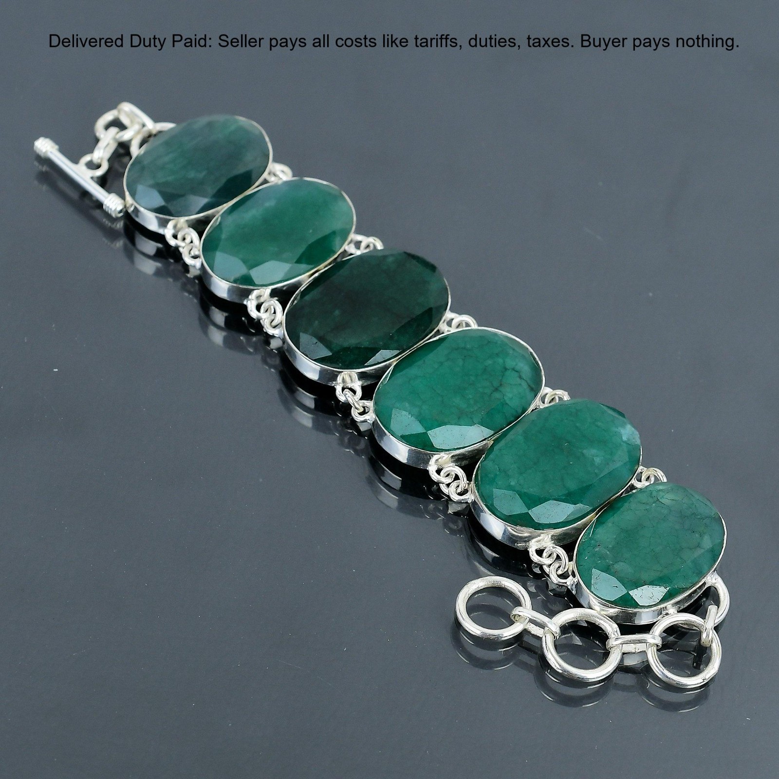 925 Sterling Silver Oval Zambian Emrald Gemstone Handcrafted Wife Chain Bracelet