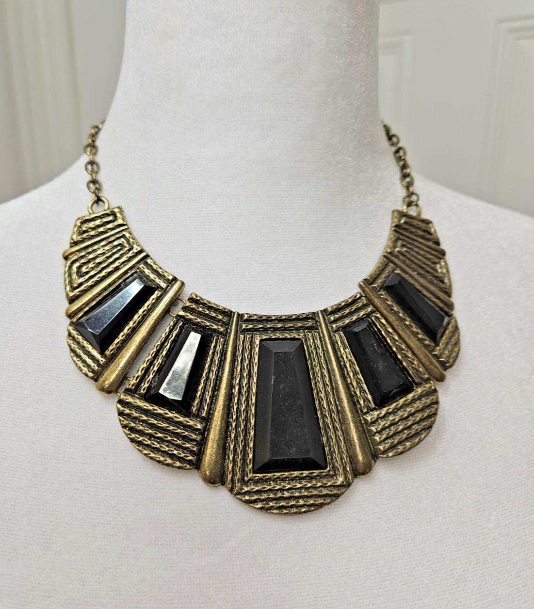 Vintage Geometric Statement Bib Necklace Black & Gold Tone Art Deco Egyptian Rev
