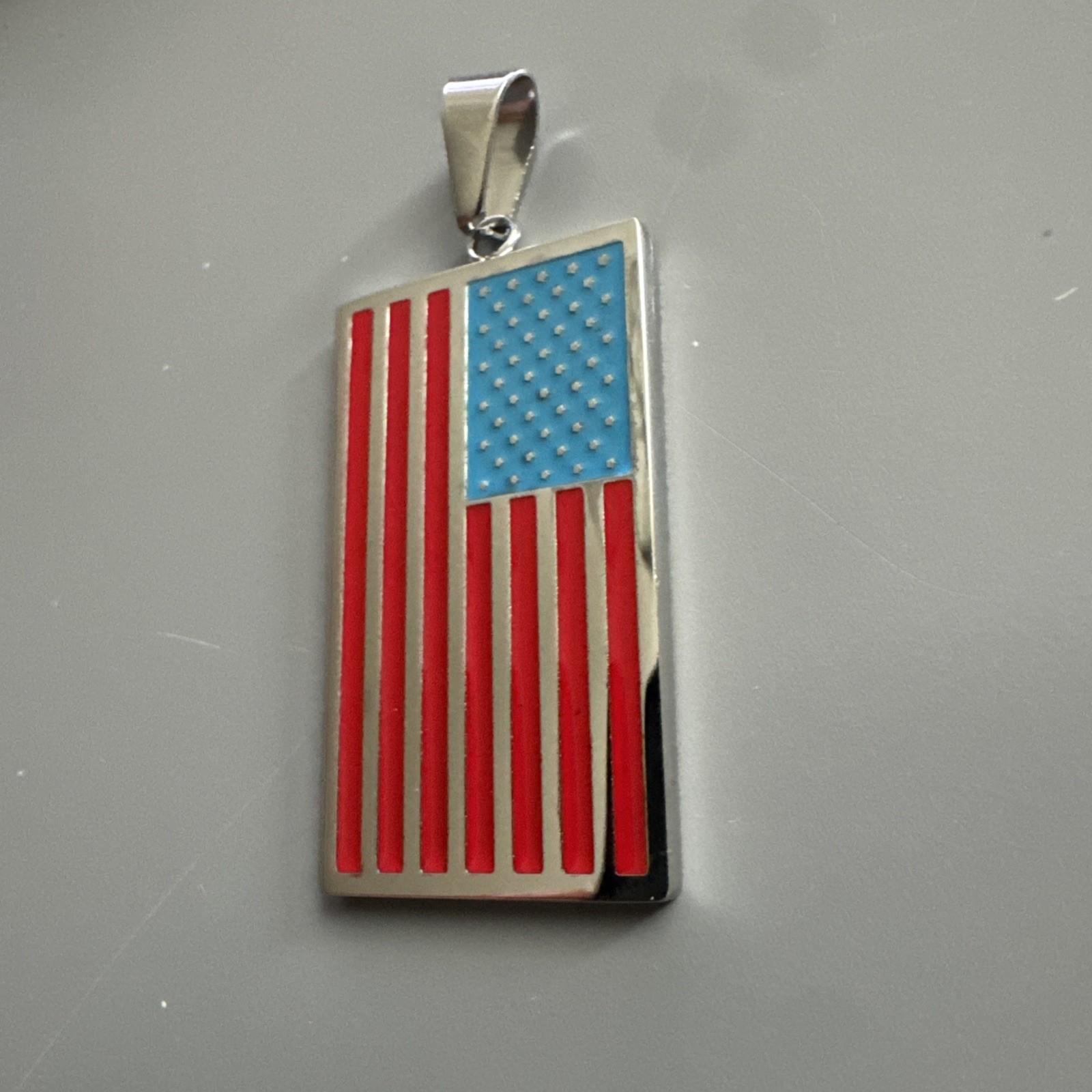 American Flag Pendant Silver Plated Stainless Steel 24” Chain USA America Gift