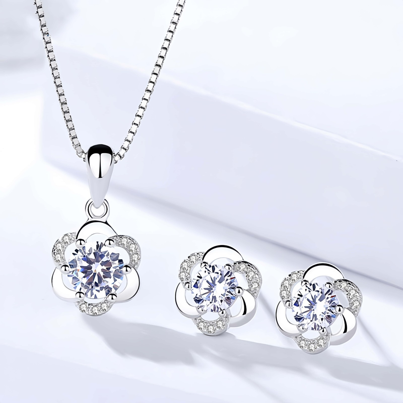 925 Sterling Silver Crystal Swirl Pendant Necklace Stud Earrings Women Jewellery