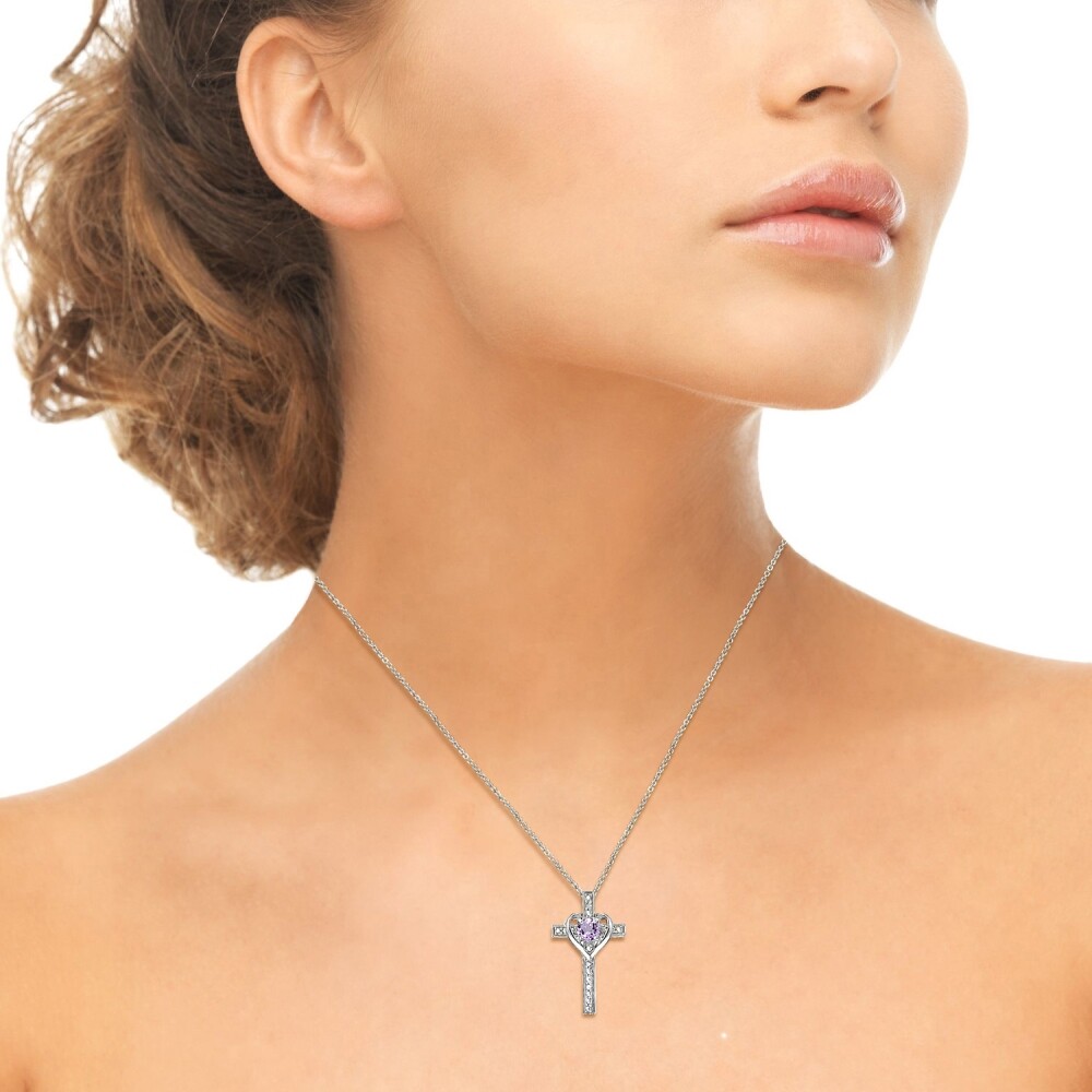 Cross Heart Amethyst Pendant Necklace in Sterling Silver