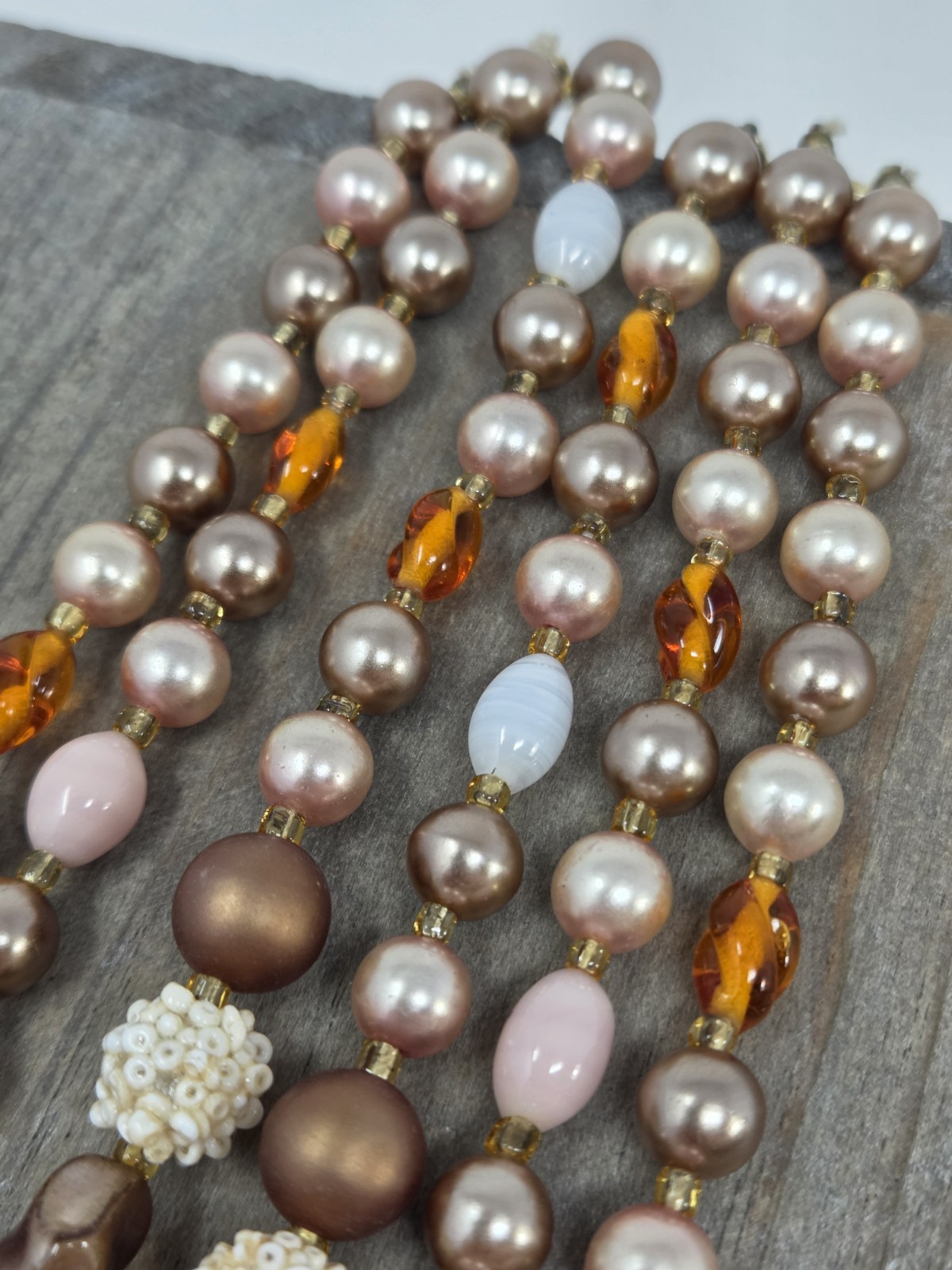 Vintage Triple Strand Taupe Neutrals Faux Pearl Glass Necklace 16-18″ Japan