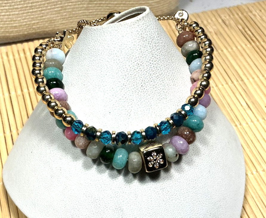 Rustic Cuff Bracelet Multi Gemstone Multi Color Glass Gold Tone Slide Lot 99D