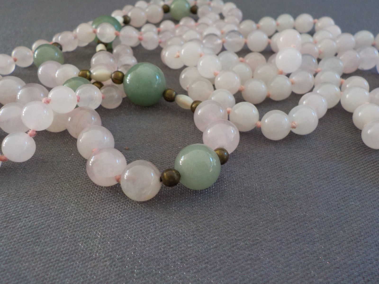 Light Pink Quartz & Green Stone (2) Single Strand Necklace Knotted Bead No Clasp