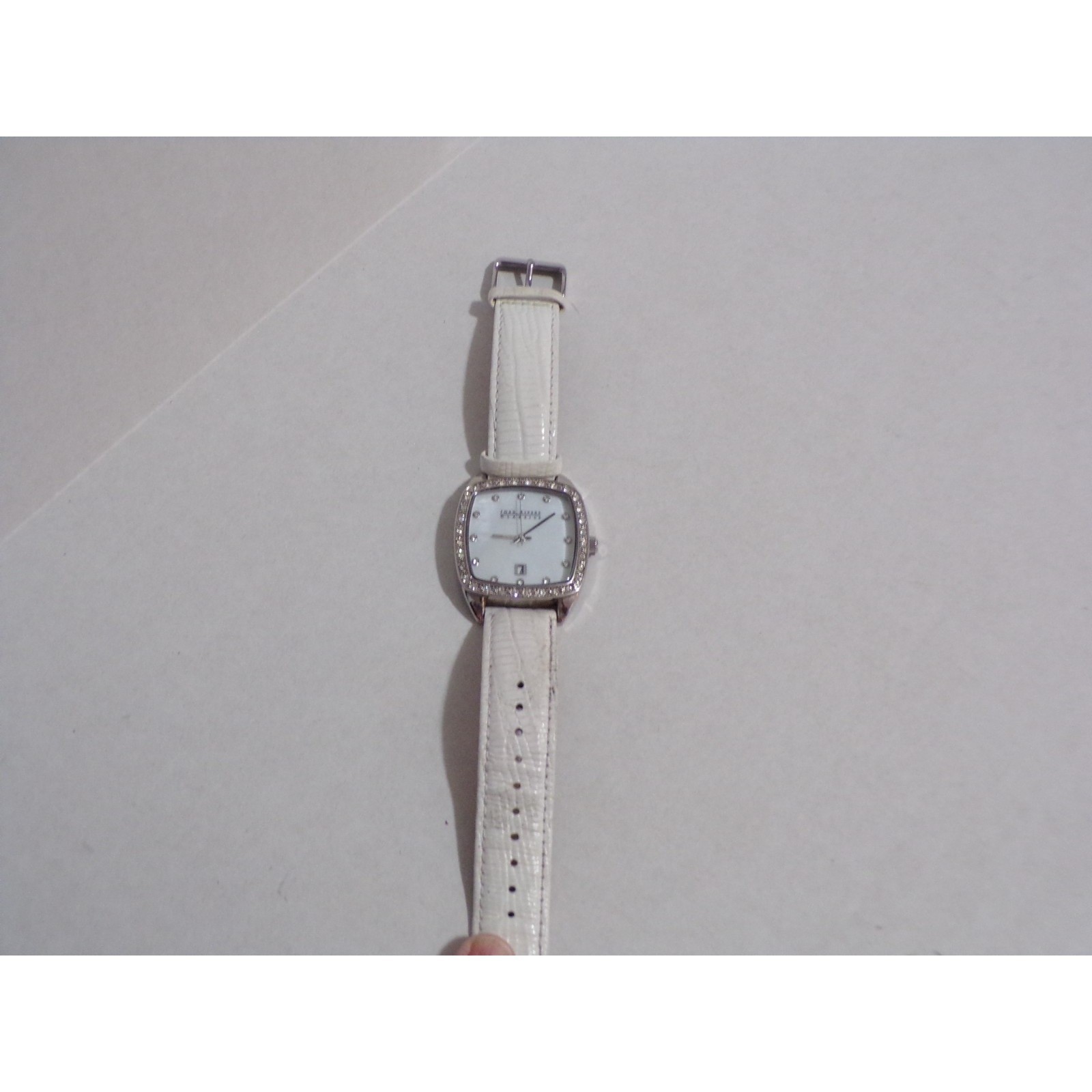 Joan Rivers Classics V377 White Band Silver Tone Gem Stones Sq Date Womens Watch