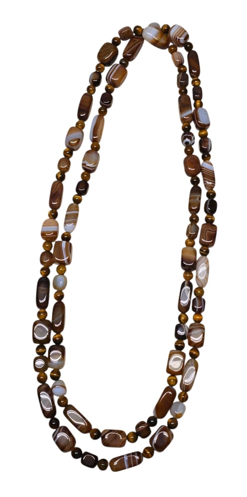 Natural Chalcedony Agate, Tiger Eye Long Beaded Necklace 61 1/2″ L. 29 1/2″ Drop