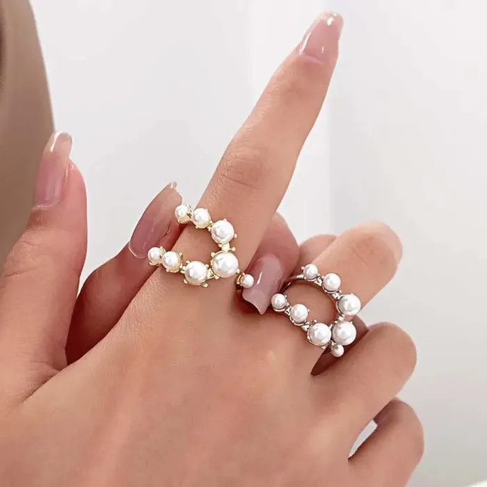 Adjustable Vintage White Pearl Double Layer Geometric Crystal Mood Tracker Ring