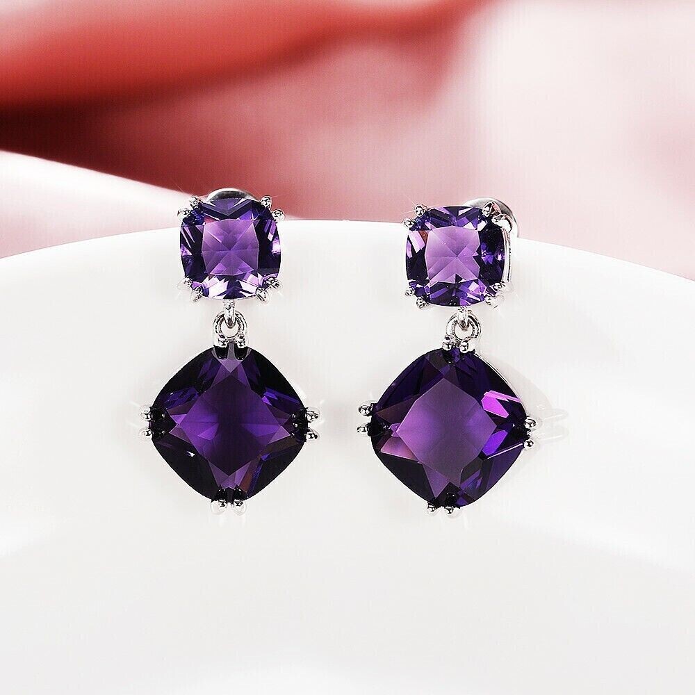 4Ct Cushion Cut Simulated Amethyst Drop/Dangle Earrings In 14K White Gold Plated
