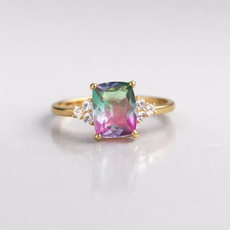 Lab Created Watermelon tourmaline Ring, Base Metal: Brass Finish: Gold Plated