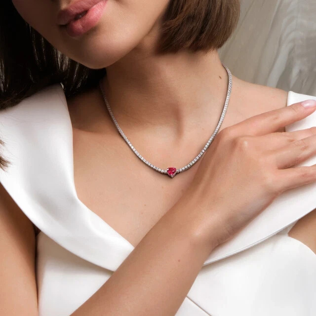 14K White Gold Plated 8CT Lab Created Ruby & Diam Womens Tennis Necklace 18 Inch