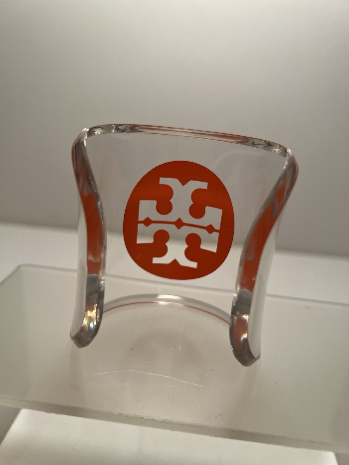 TORY BURCH Cuff Bracelet Clear Lucite With Orange Logo Excellent Unused Cond