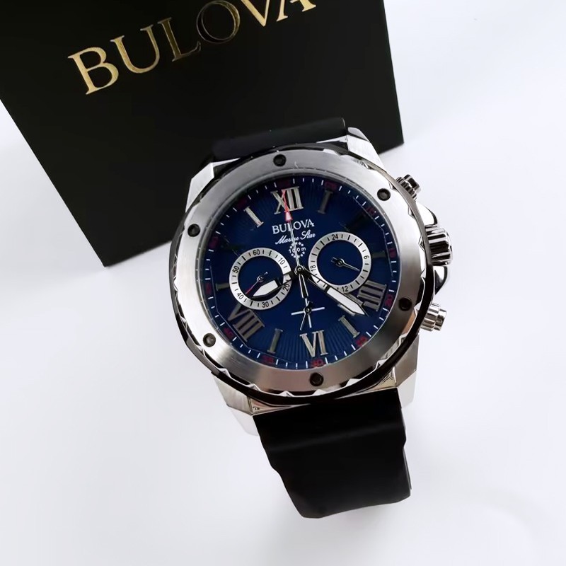 Bulova Marine Star 98B258 Blue Dial/Black Rubber Strap Men’s Quartz Watch 44mm