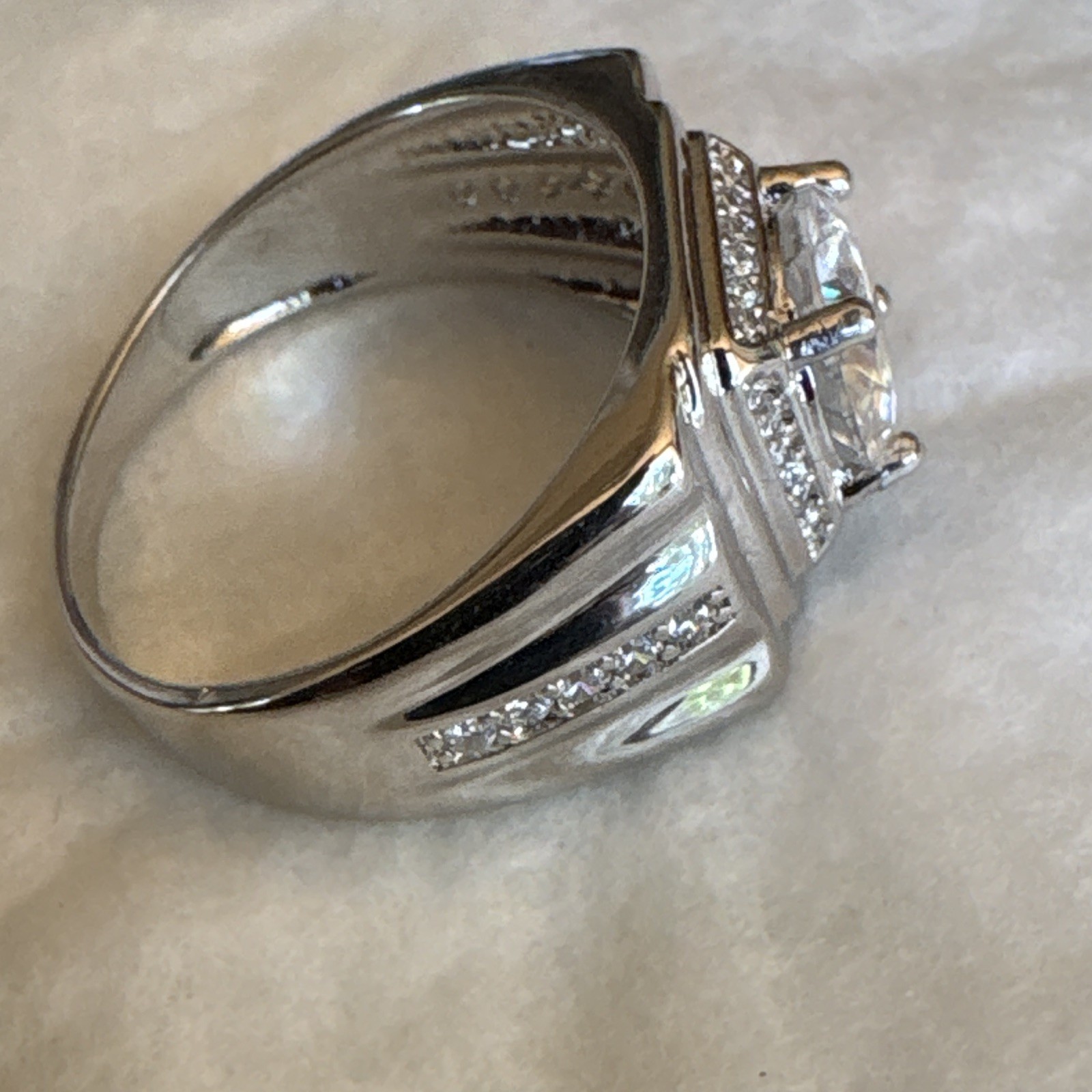 Men’s Size 10 GRA 2.0ctw D Cushion Cut Clear Moissanite Prong Ring Silver