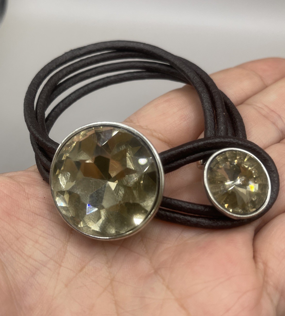 Leather Brown Cord Bracelet Jumbo Metal Clasp Crystal Rhinestone Lock 4 Strand