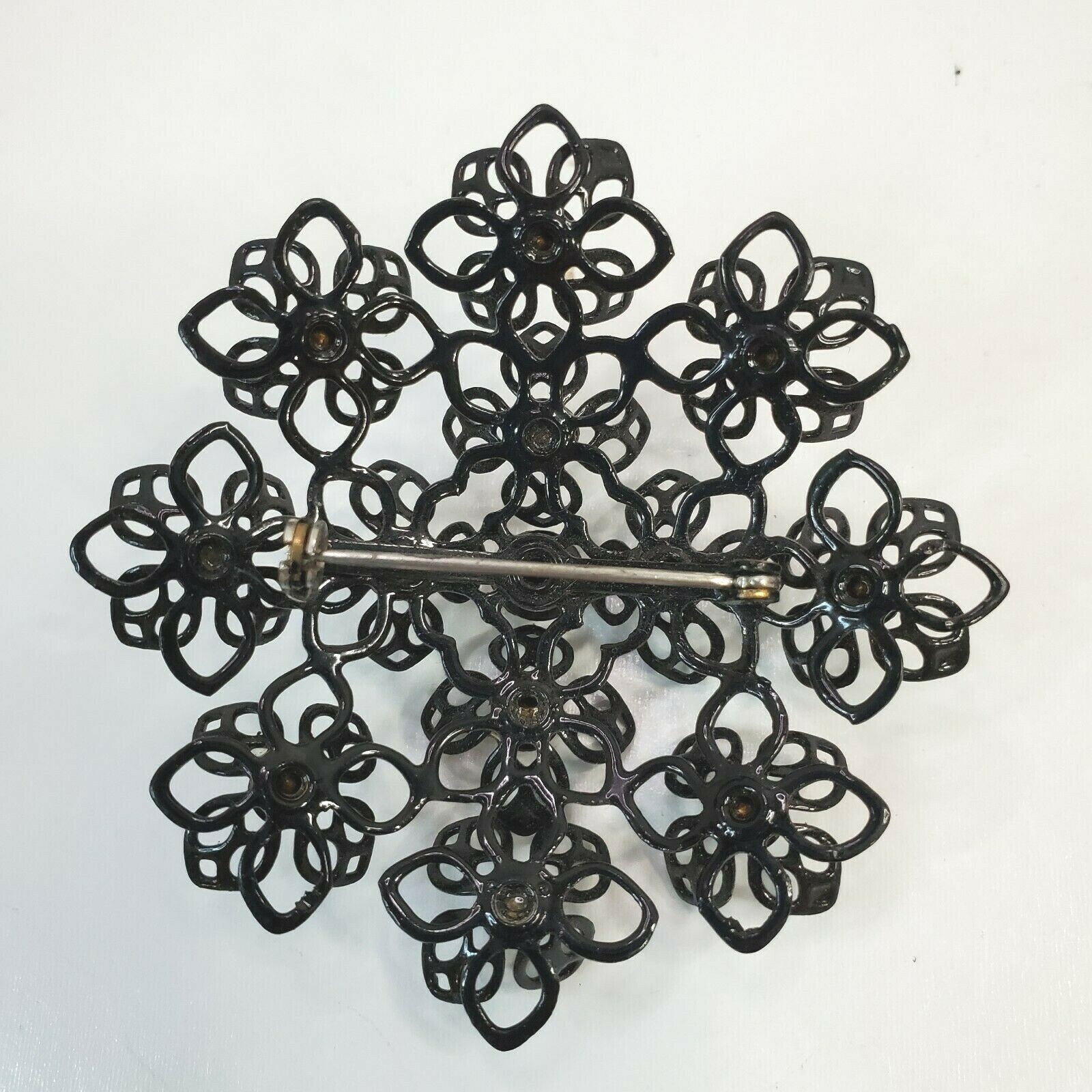 Vintage Large Coated Wire Black Flowers Floral Clear Rhinestones Brooch Pin