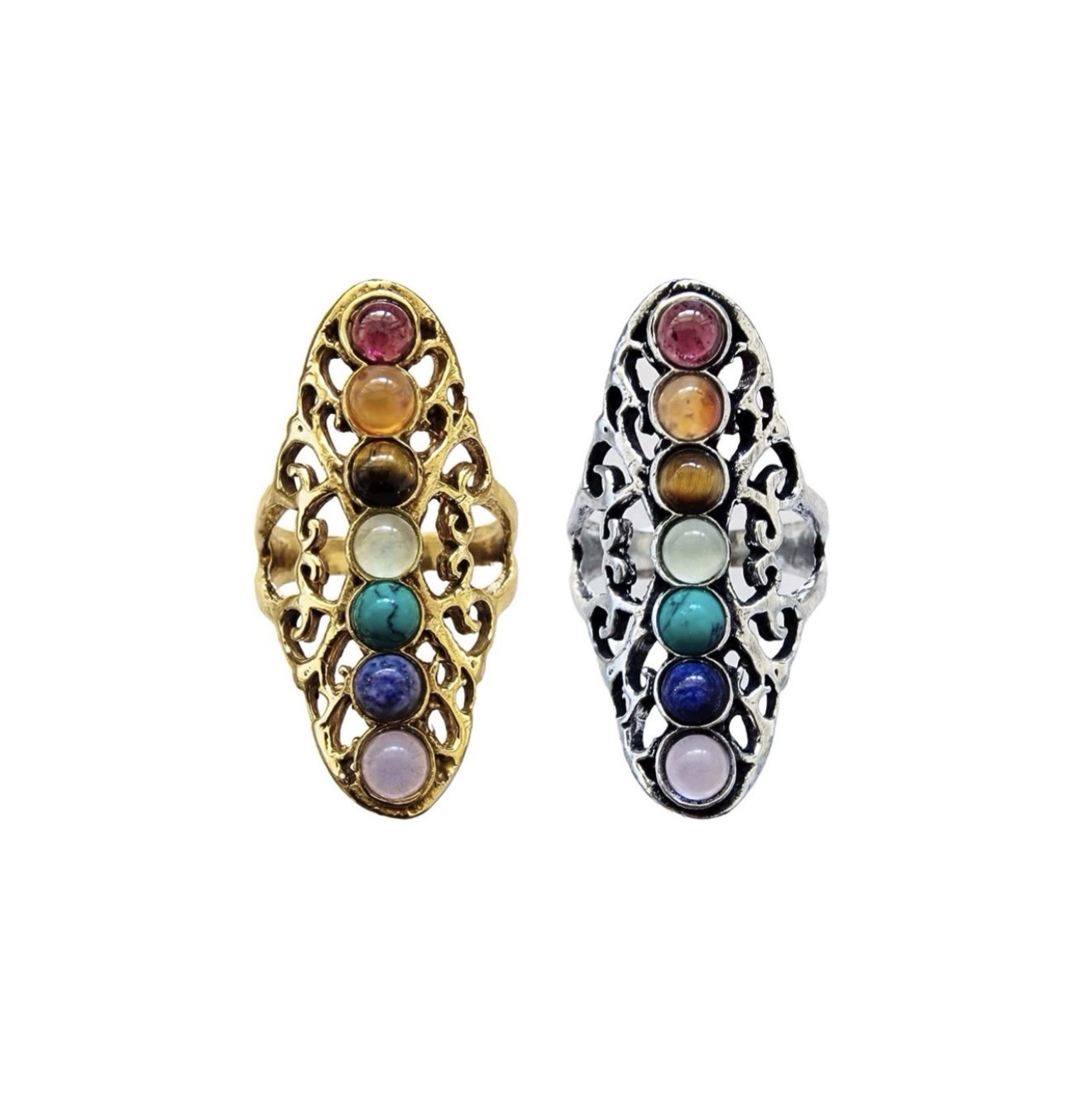 Chakra Costume Ring Adjustable Silver Toned 7 Stones Statement Boho