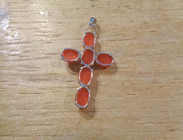 22.5MM SOLID 14K WHITE GOLD 6.18CTS ITALIAN RED CORAL OVAL BEAD CROSS PENDANT