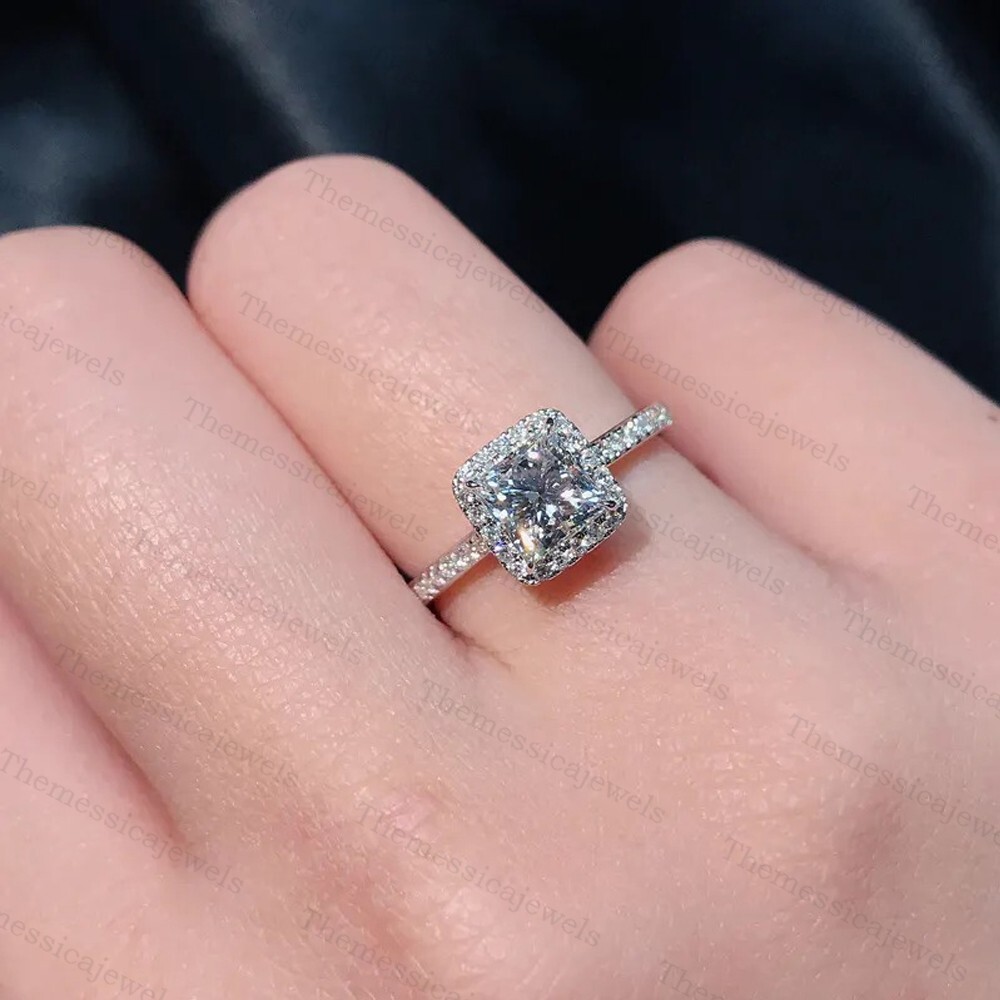 2.76 TCW Princess Cut Moissanite Halo Engagement Ring In 14k White Gold Plated
