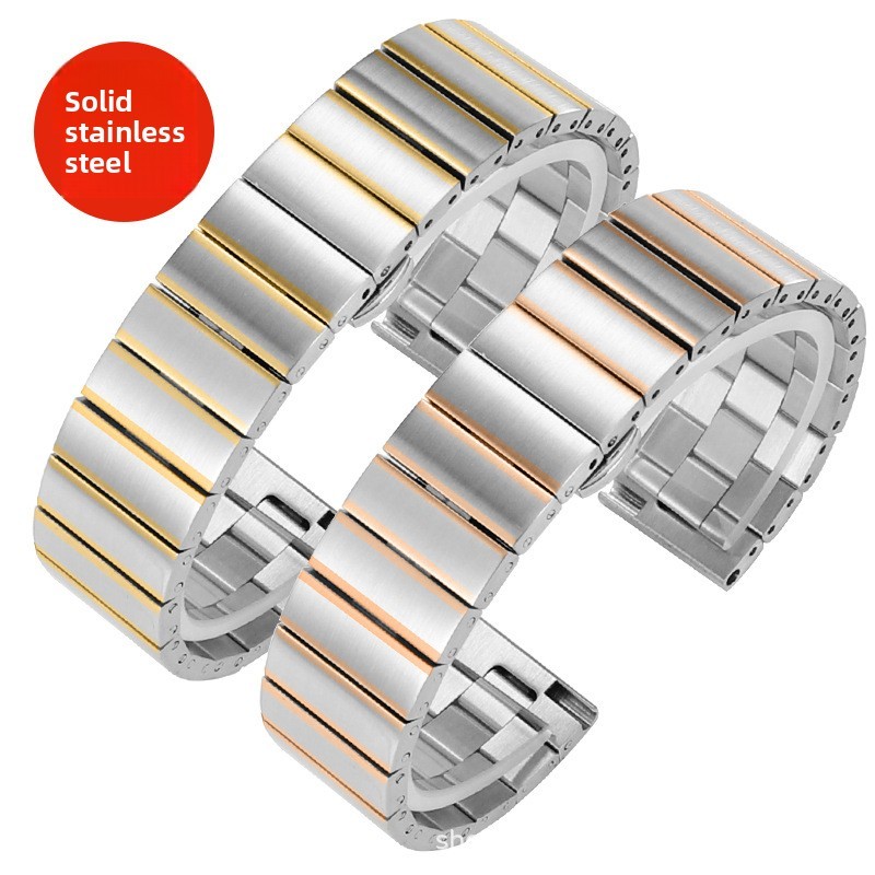 One Bead Solid Stainless Steel Watch Band Metal Butterfly Clasp Bracelet 16-22mm