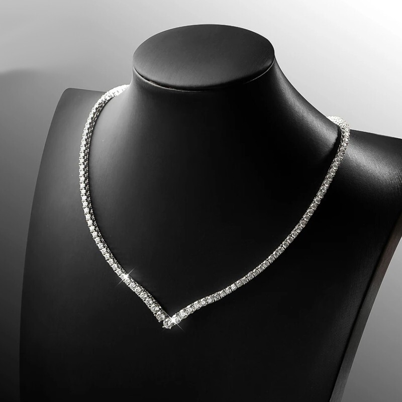 Full VVS1 Moissanite V Shaped Tennis Necklace Women Choker 18K White Gold Plated