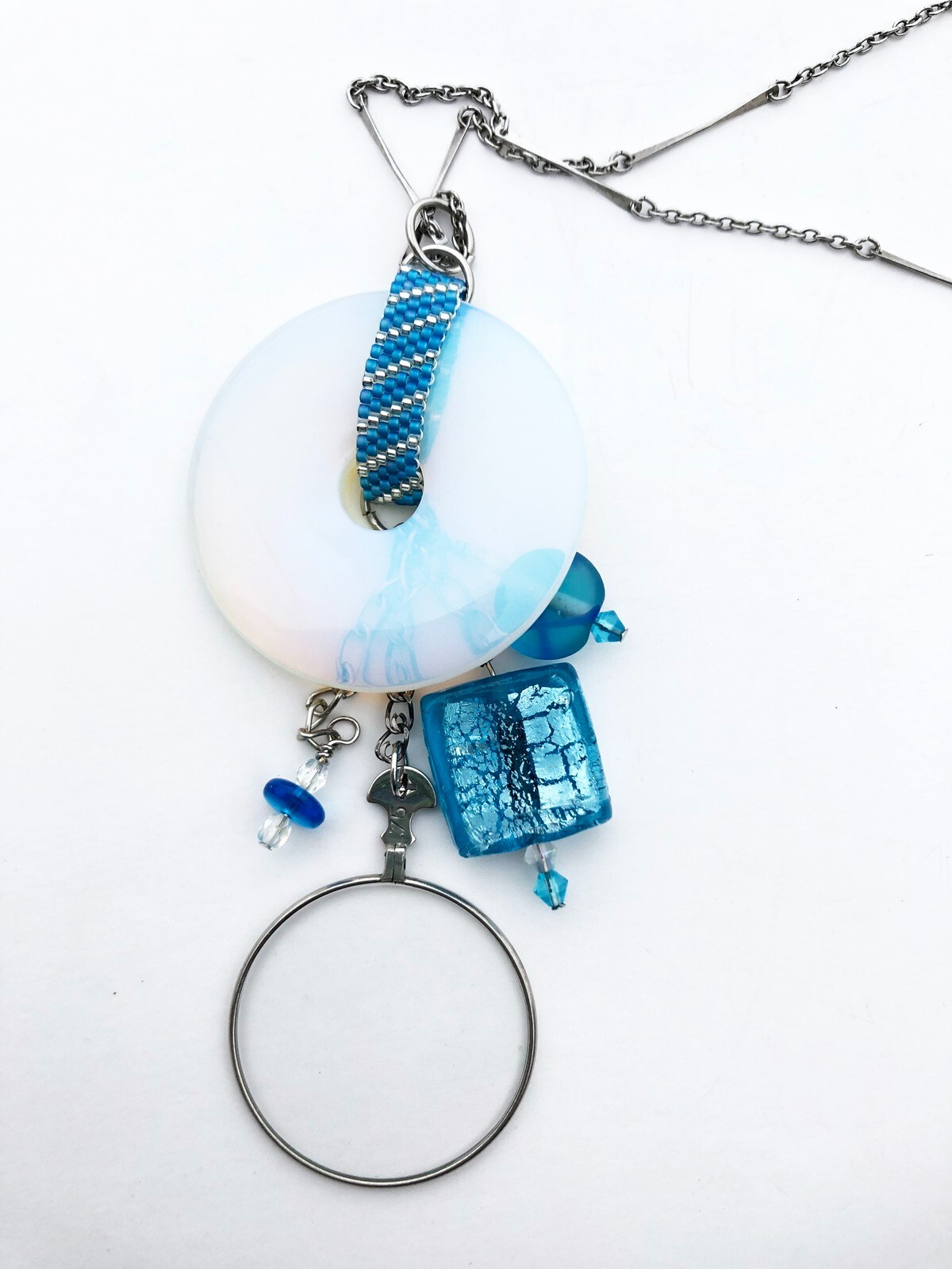 Necklace Pendant and Earrings Beads Optometrist Glass Teal Blue White Mix 22″