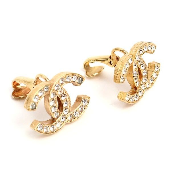 CHANEL CC Logo Coco Mark Earrings Gold Rhinestone Clip On No Box Vintage