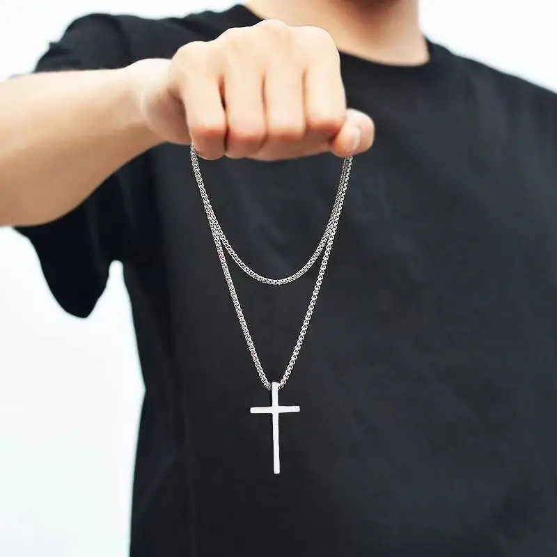 Men’s Hip Hop Cross Pendant Necklace Simple Punk Silver Titanium Steel Chain Fas