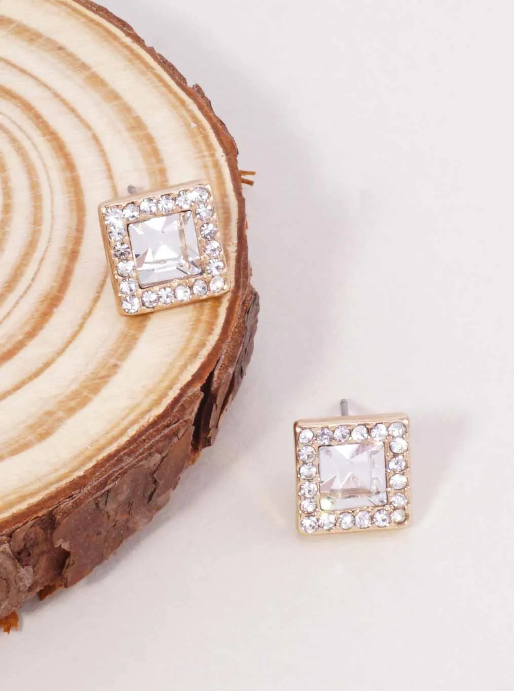 Square Glass Pavé Rhinestone Stud Earrings 0.4in, Gold or Silver Tone