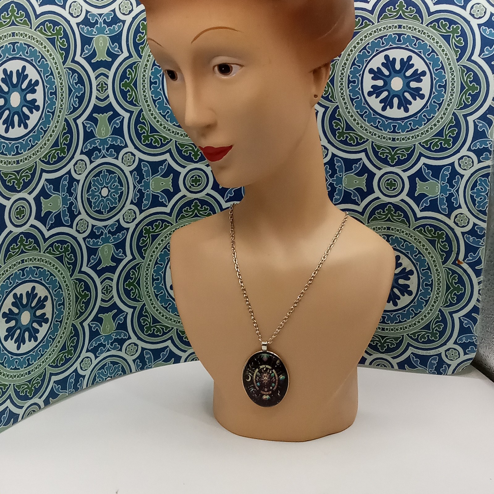 Celestial Necklace Oval Blue Pendant Astrological Symbols Silvertone Chain