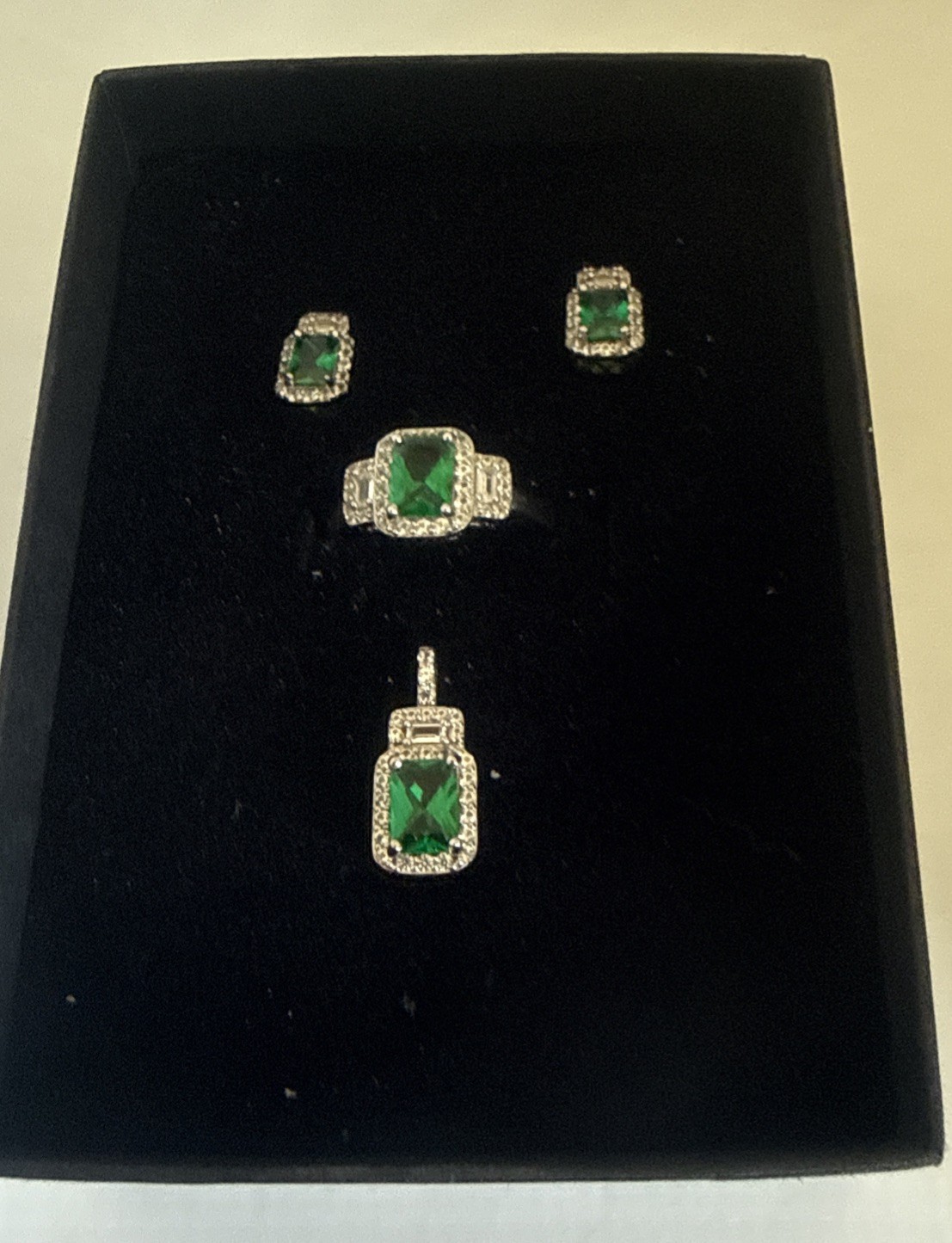 Emerald-Cut Lab-Created Emerald,Sapphire Ring, Pendant & Earrings-No necklace