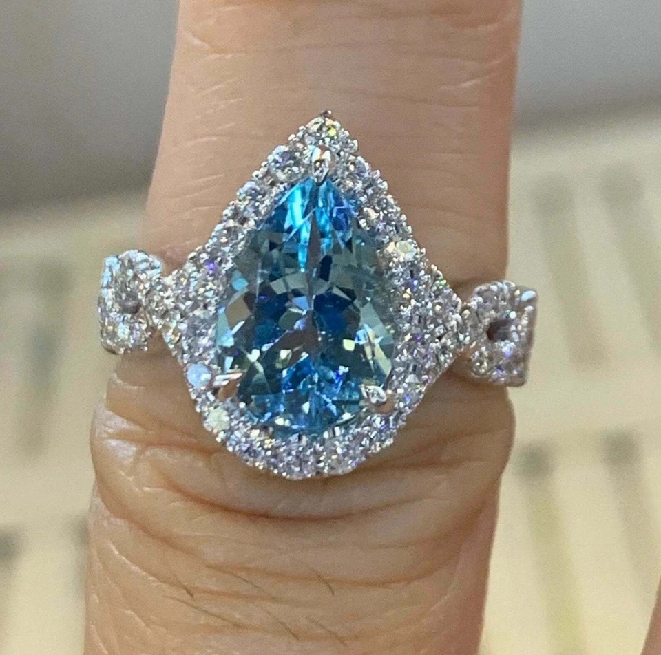 2.50Ct Pear Cut Natural Aquamarine Diamond Wedding Ring 14K White Gold Size 6 7