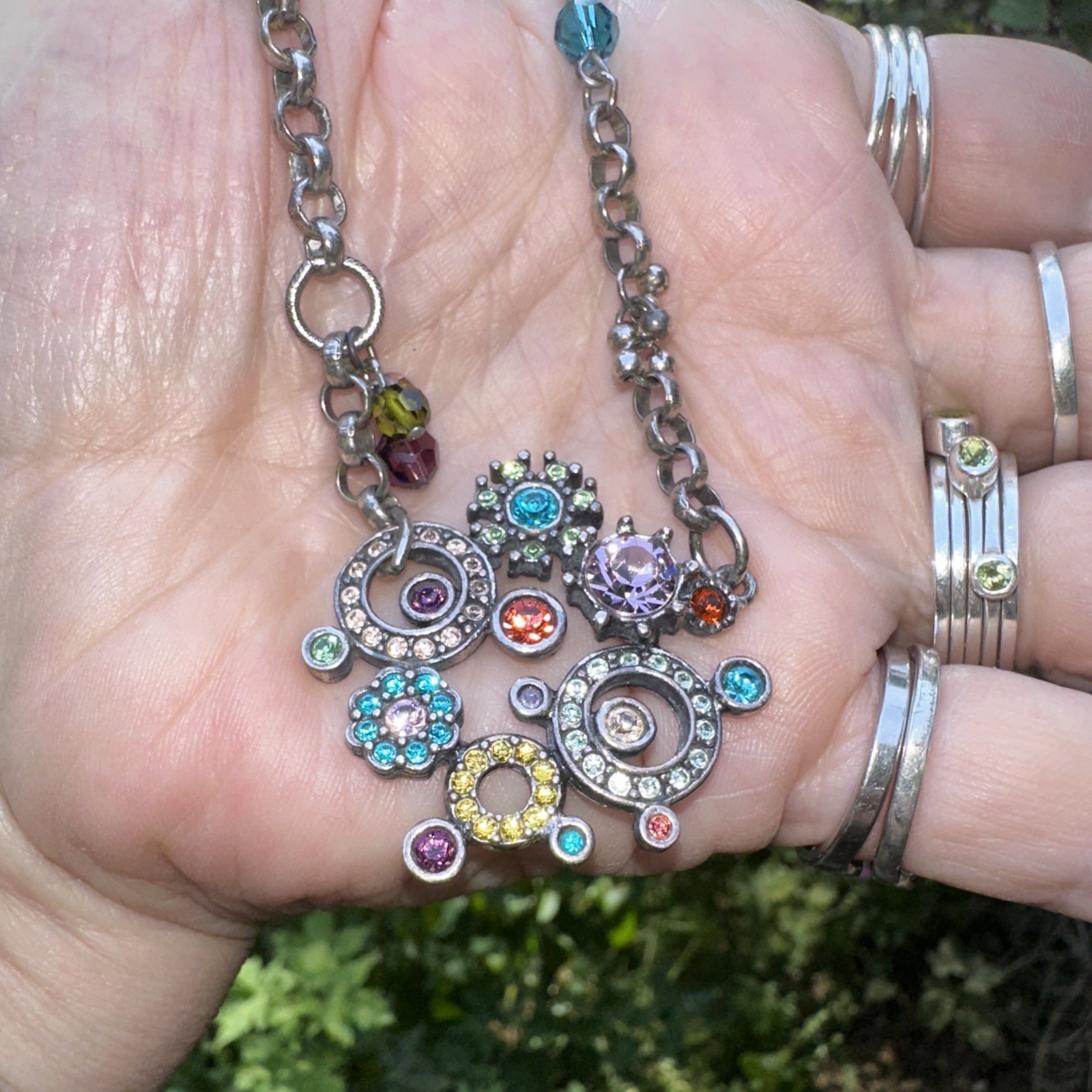 !UNIQUE! Patricia Locke Multi Color Silver Cluster Necklace 2005 19” A#1 Chain!