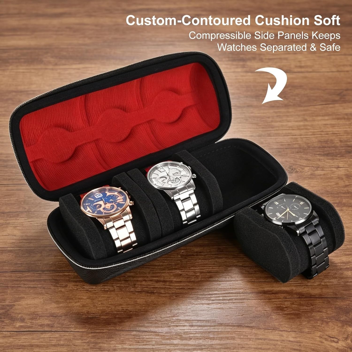 Sleek 3-Slot Hard Shell Watch Organizer with Soft Pillows | Portable & Dustproof