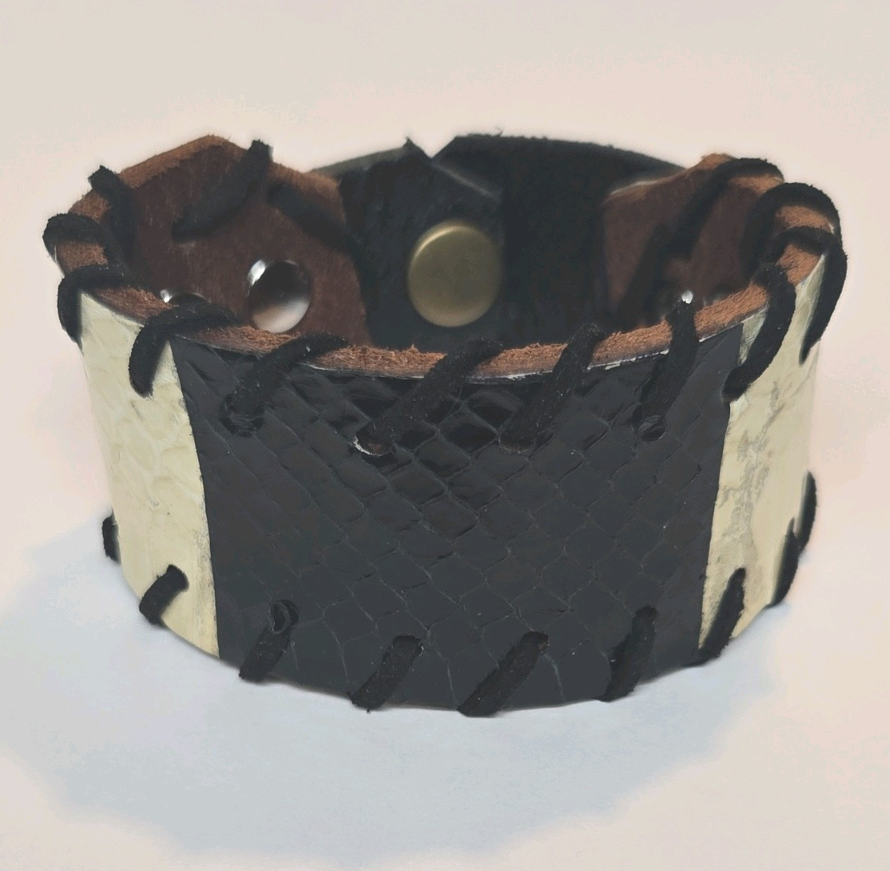 REAL Snakeskin Leather Cuff Style Bracelet, Snap Closure, 8.75 in (Black/White)