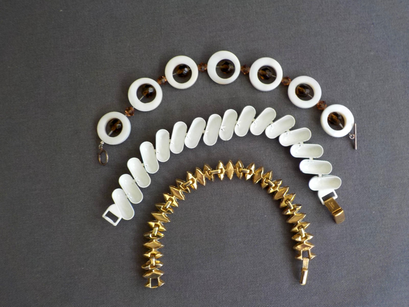 White Bracelet Mix Lot 3 Enamel Plastic Mother of Pearl Glass Bead Metal