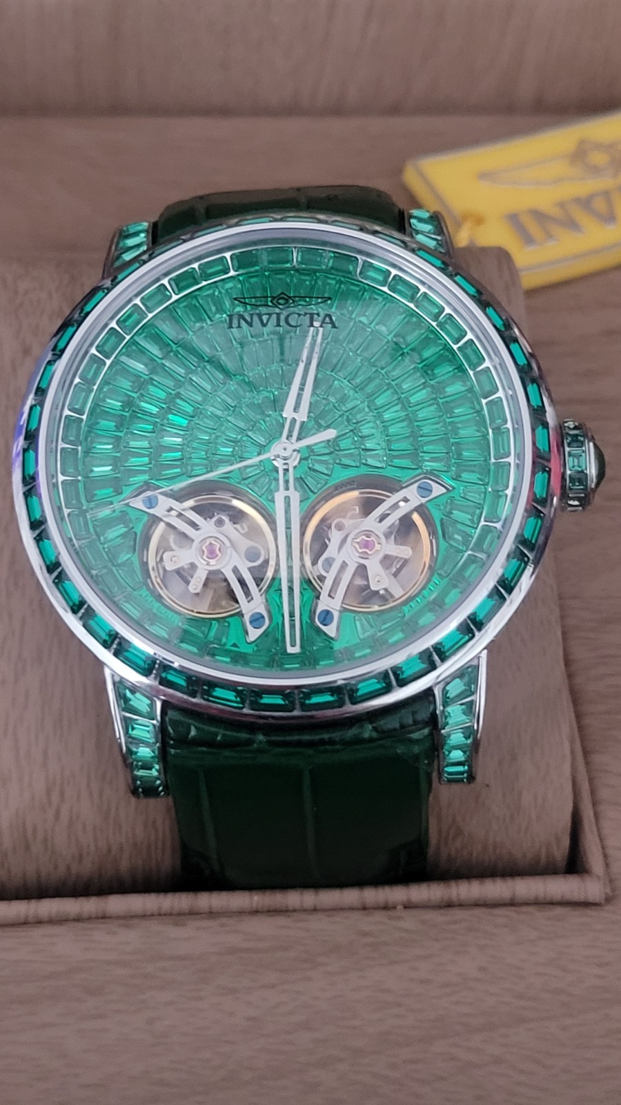 Invicta 69456 Men’s Automatic Skeleton Green Dial 45mm Leather 50m Box