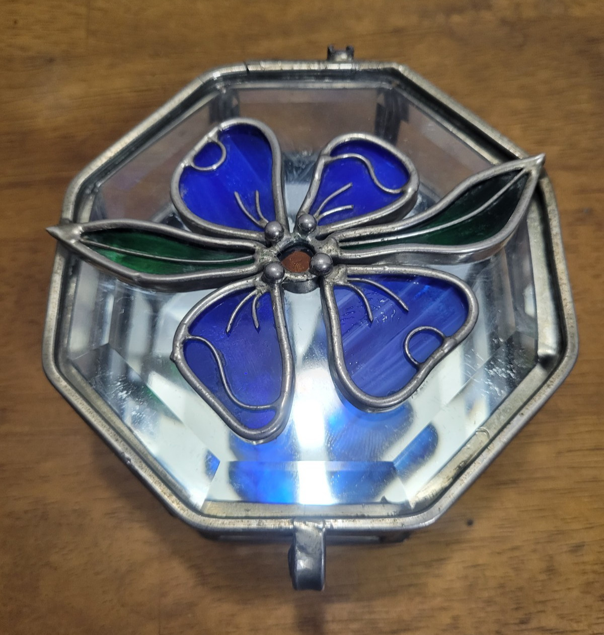 Octagon Stained Glass Trinket Jewelry Box Mirrored Bottom Hinged Top Flower