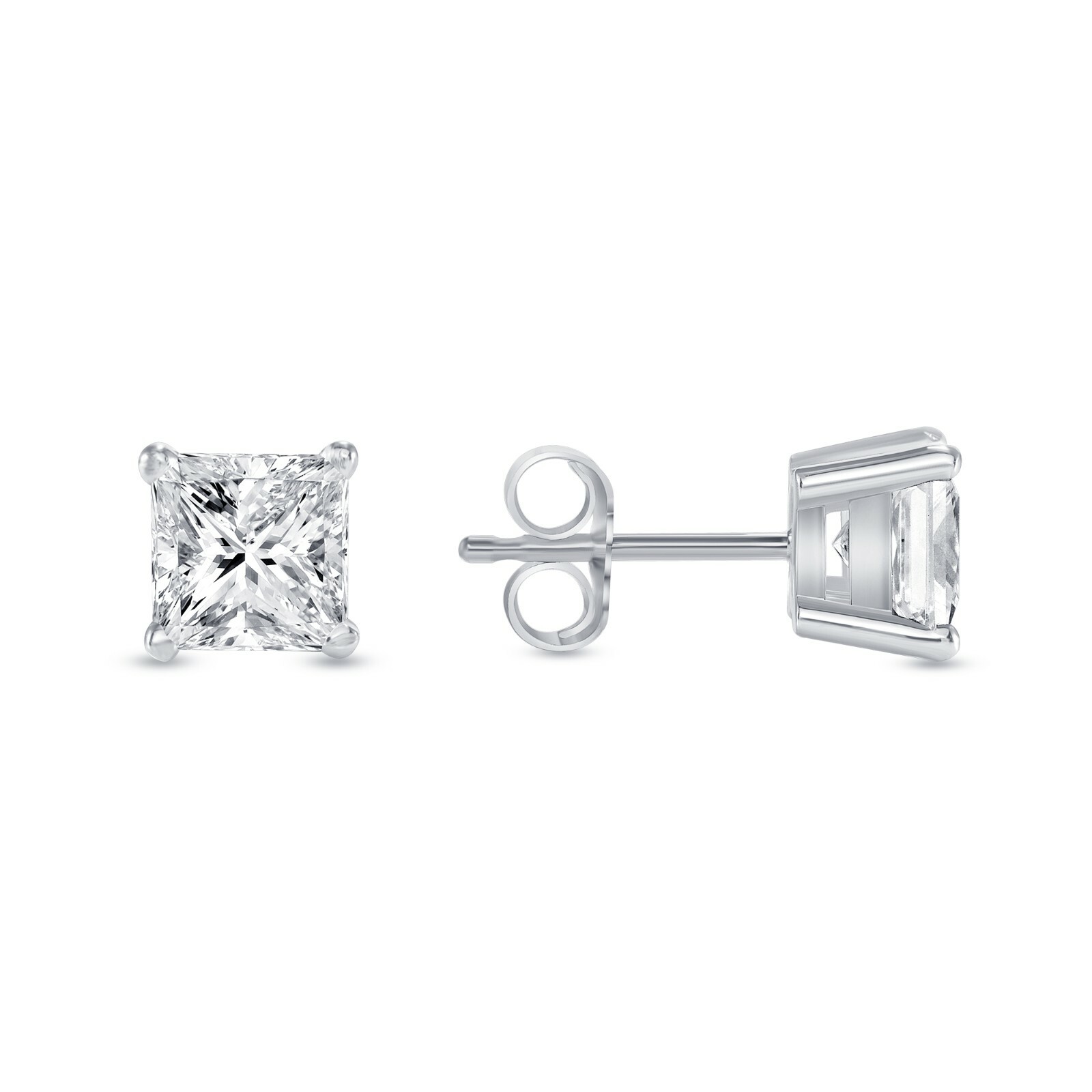 1 Ct Created Diamond Princess Cut Real 14K White Gold Earrings Studs Push Back