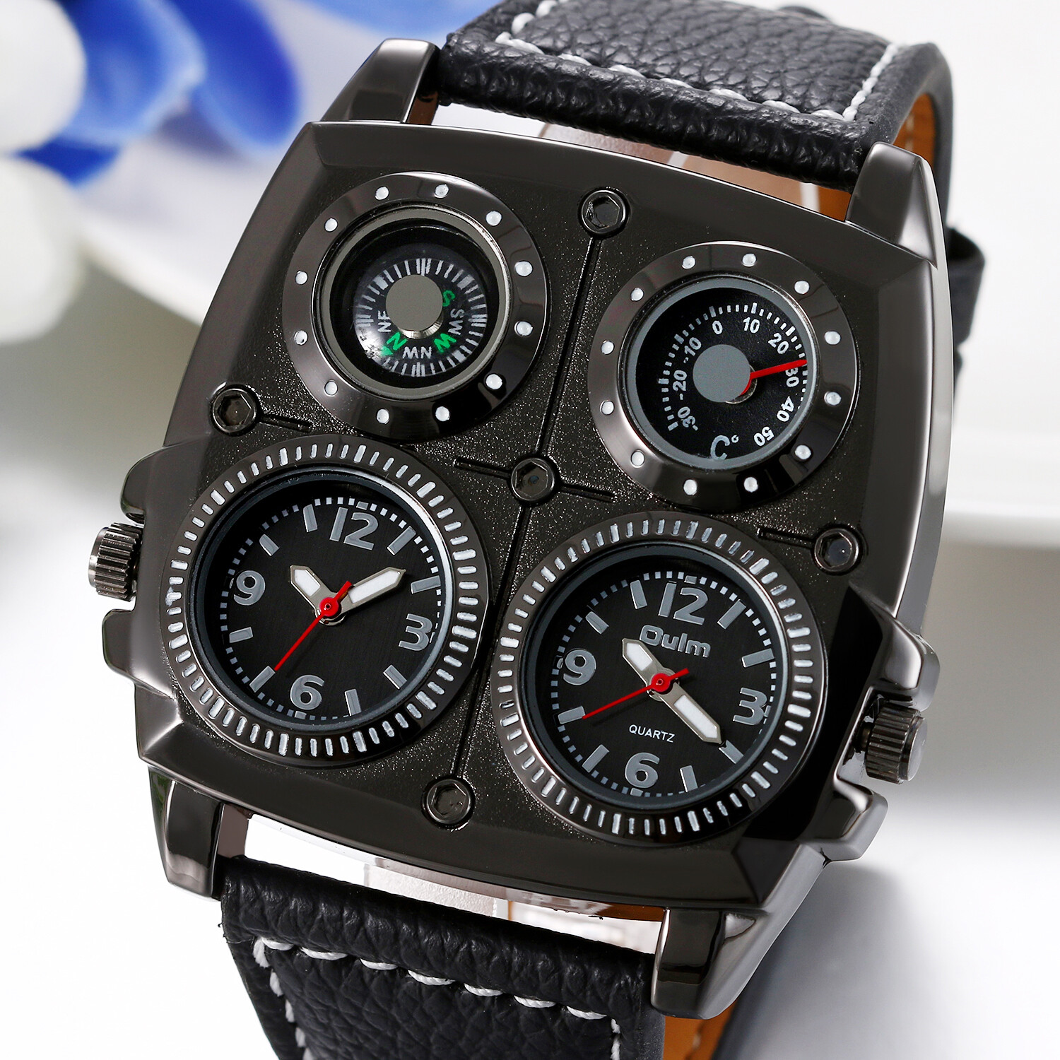 Military Army Dual Time Zones Movements Quartz Watch Black Leather Sports Mens