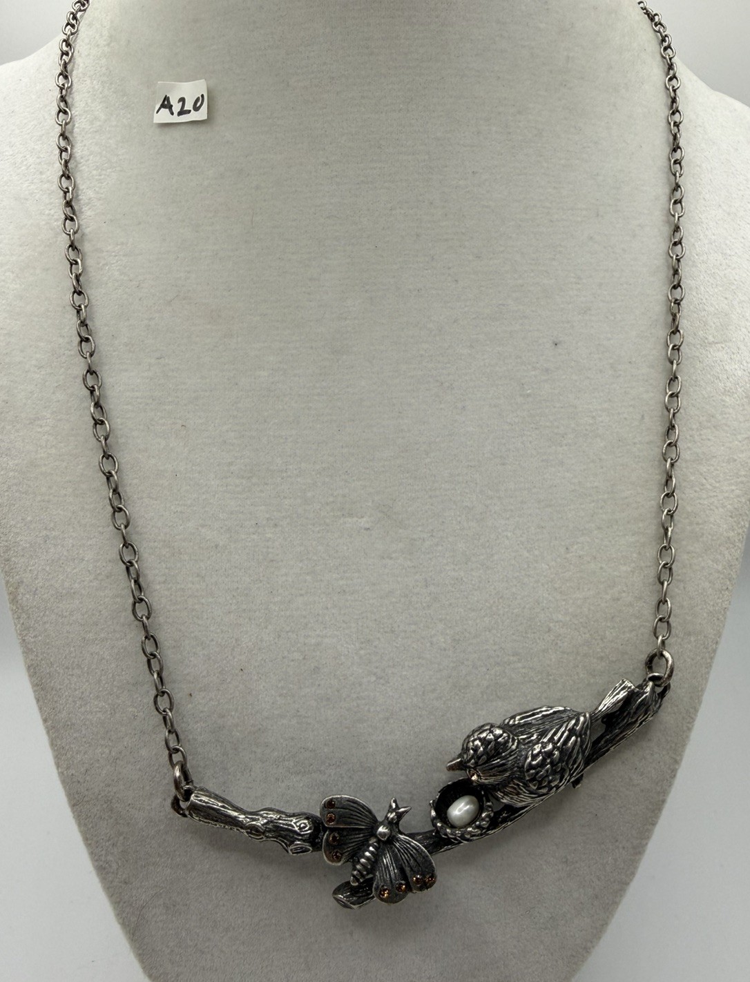 Mary DeMarco Bird Nest Butterfly Necklace Faux Pearl Rhinestone Silver Tone