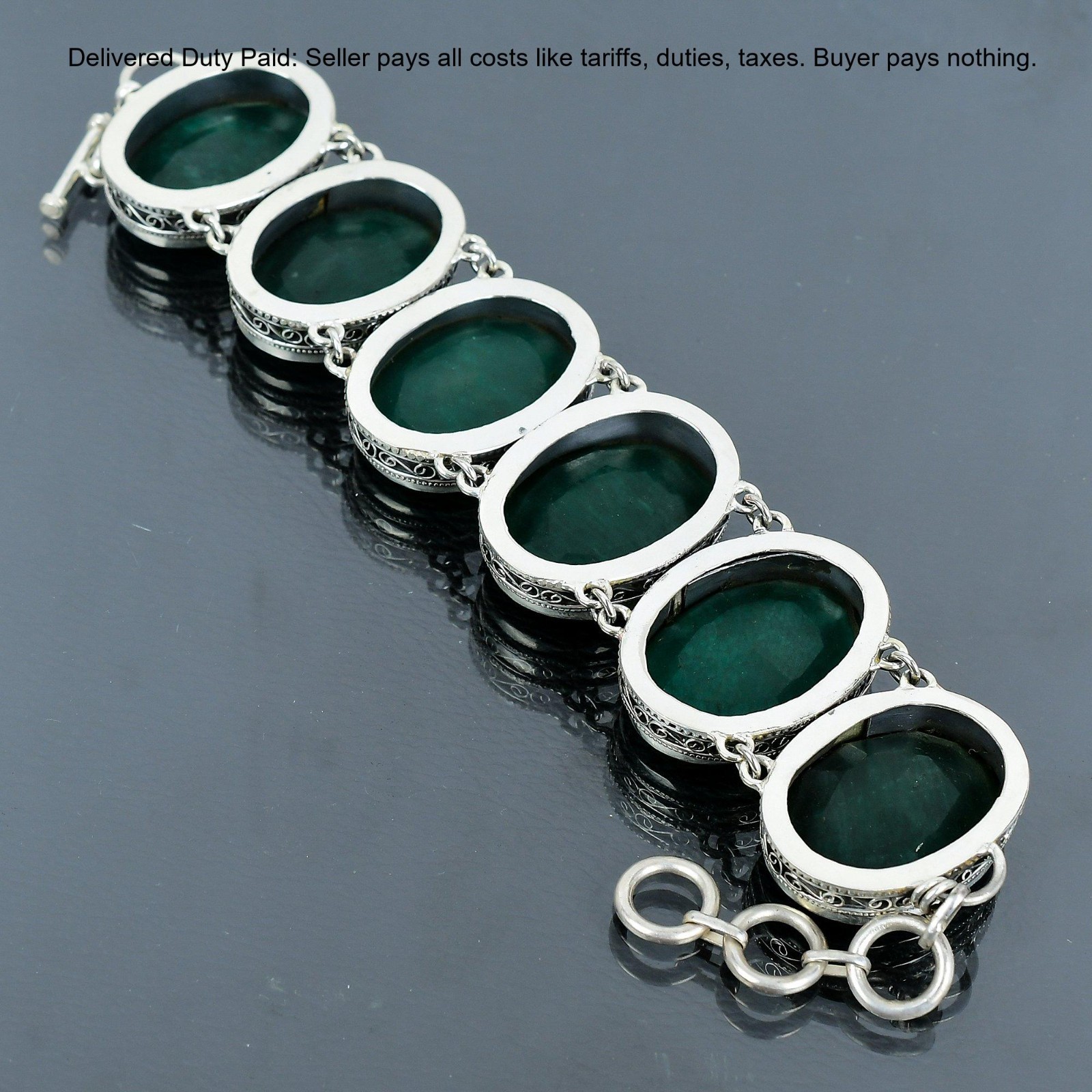 925 Sterling Silver Oval Natural Zambian Emrald New Vintage Wife Chain Bracelet
