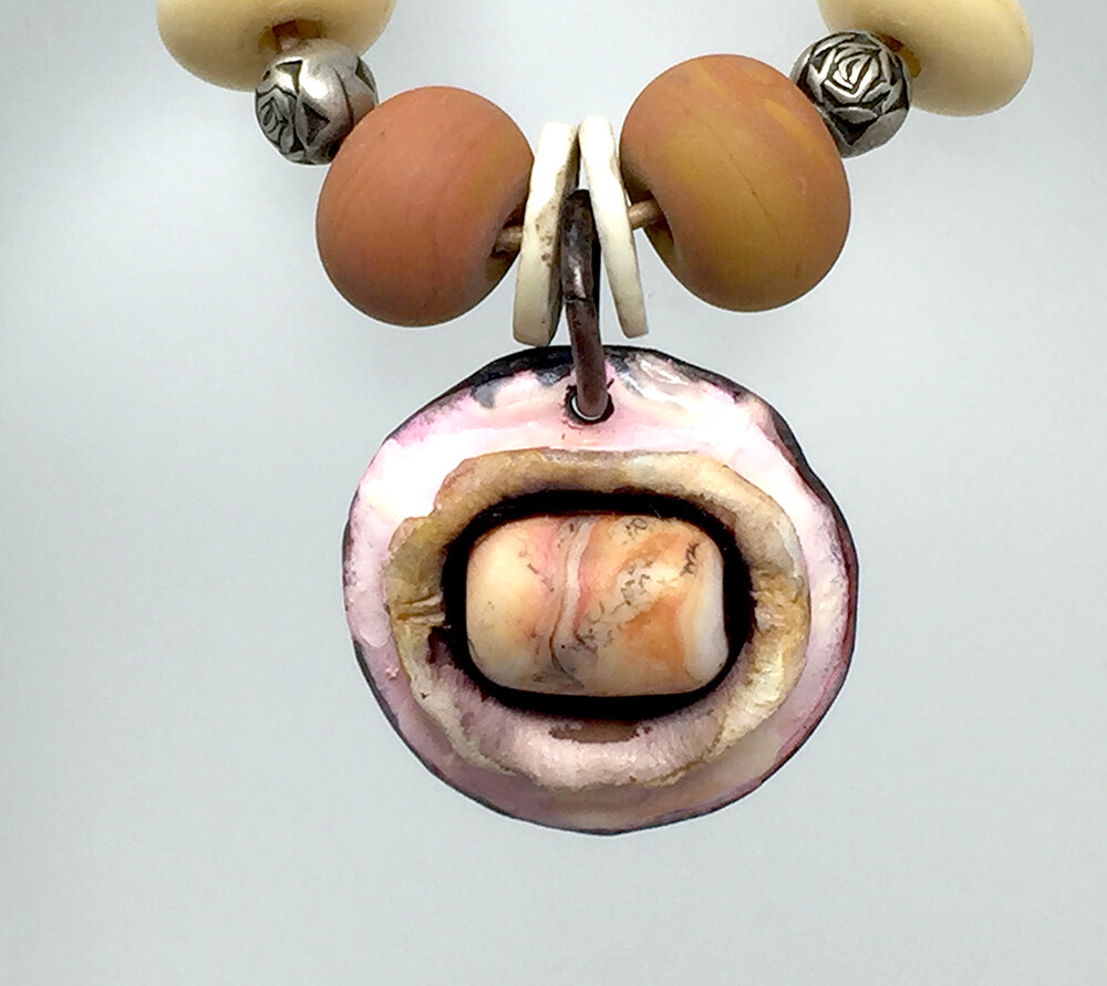 Rustic leather cord necklace BoHo Lampwork beads shell & bone beads