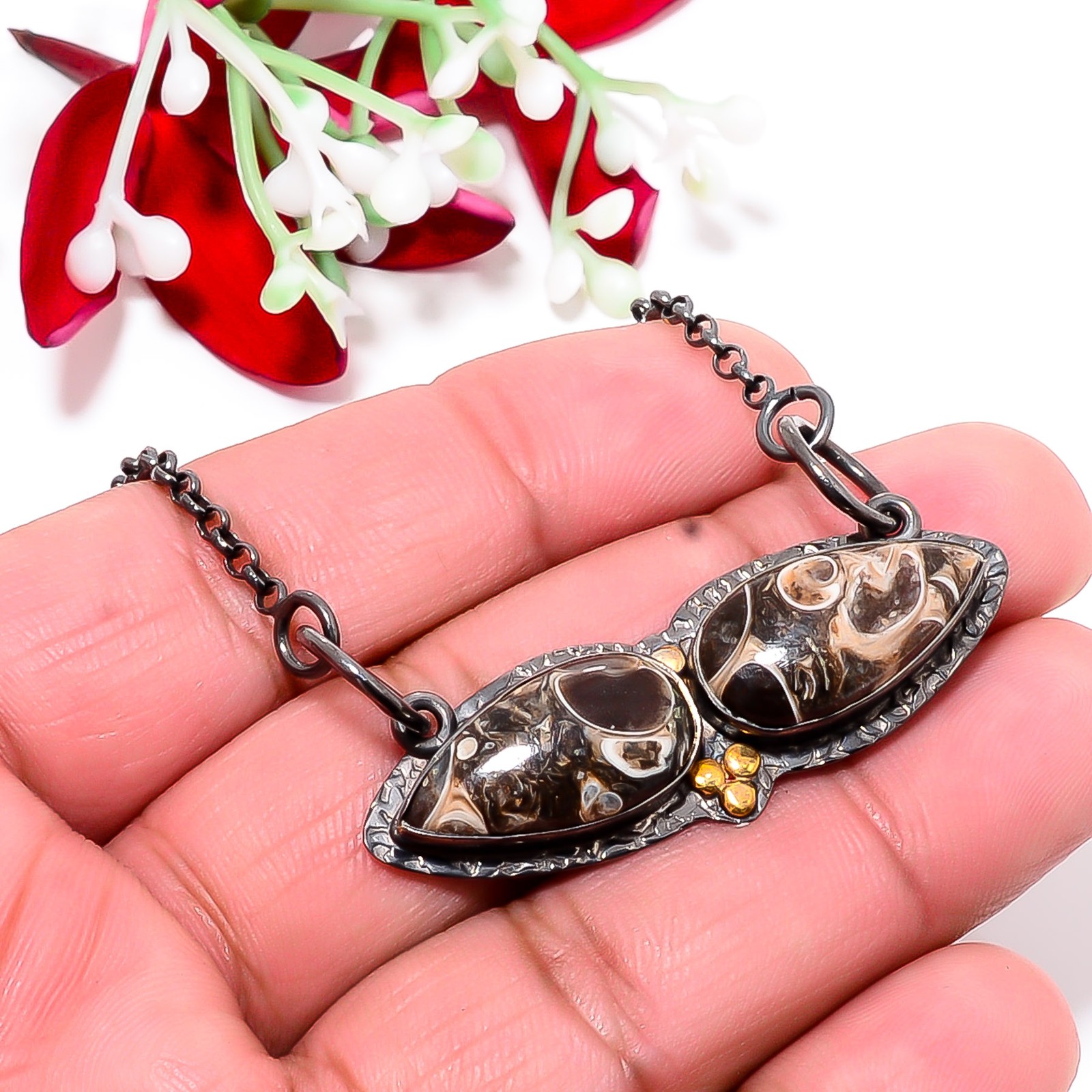 Turritella Agate Black & Gold Rhodium 925 Silver Chain Pendant 18-22″ Cp10468118