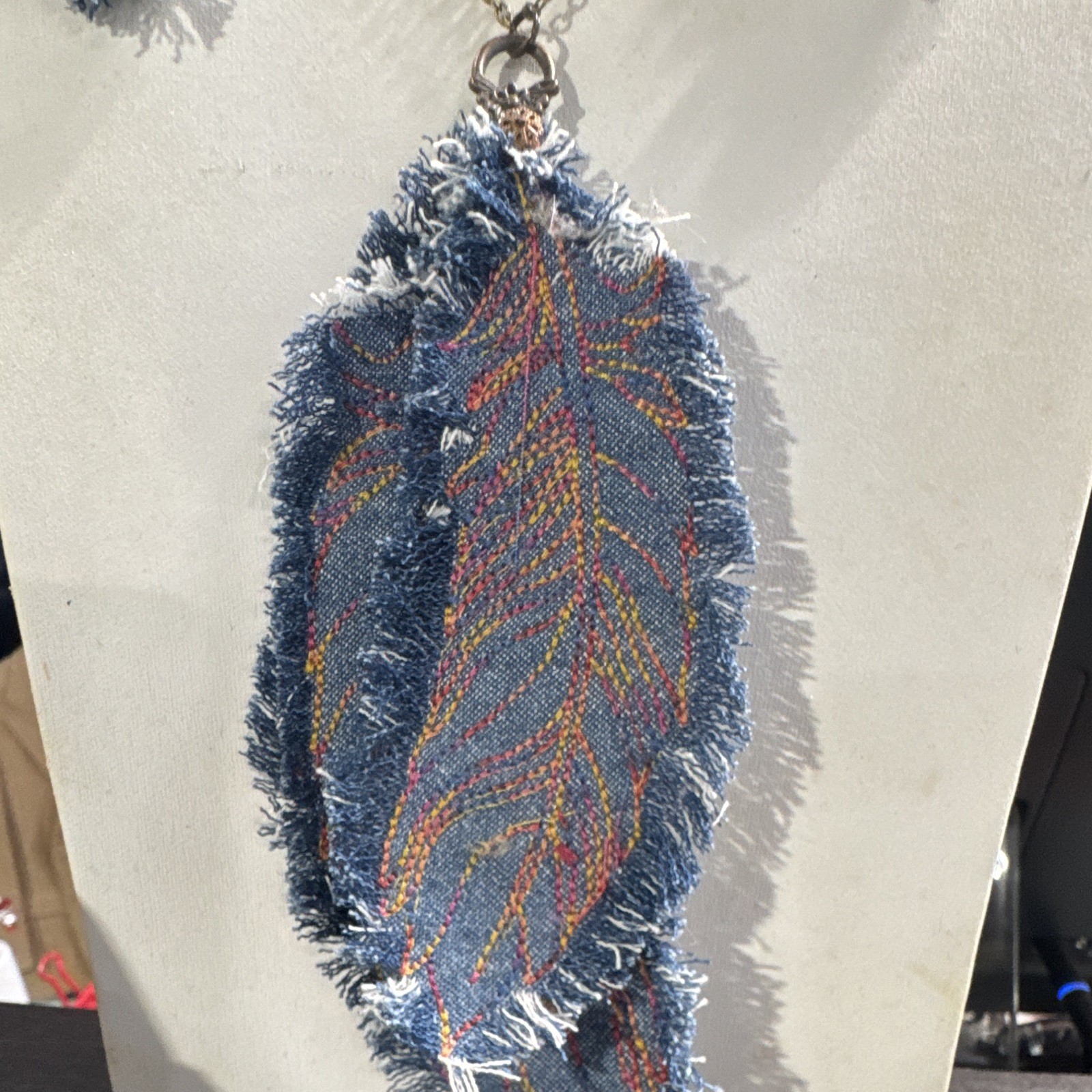 Blue Bohemian Custom Embroidery Feather Pendant Necklace & Earrings Jewelry Set