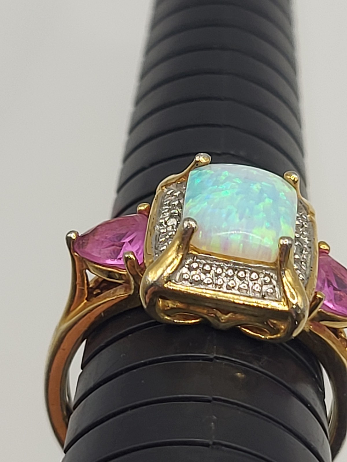 Fire Opal Pink Sapphire Lab Created Stones Sterling Vermeil Cocktail Halo Ring