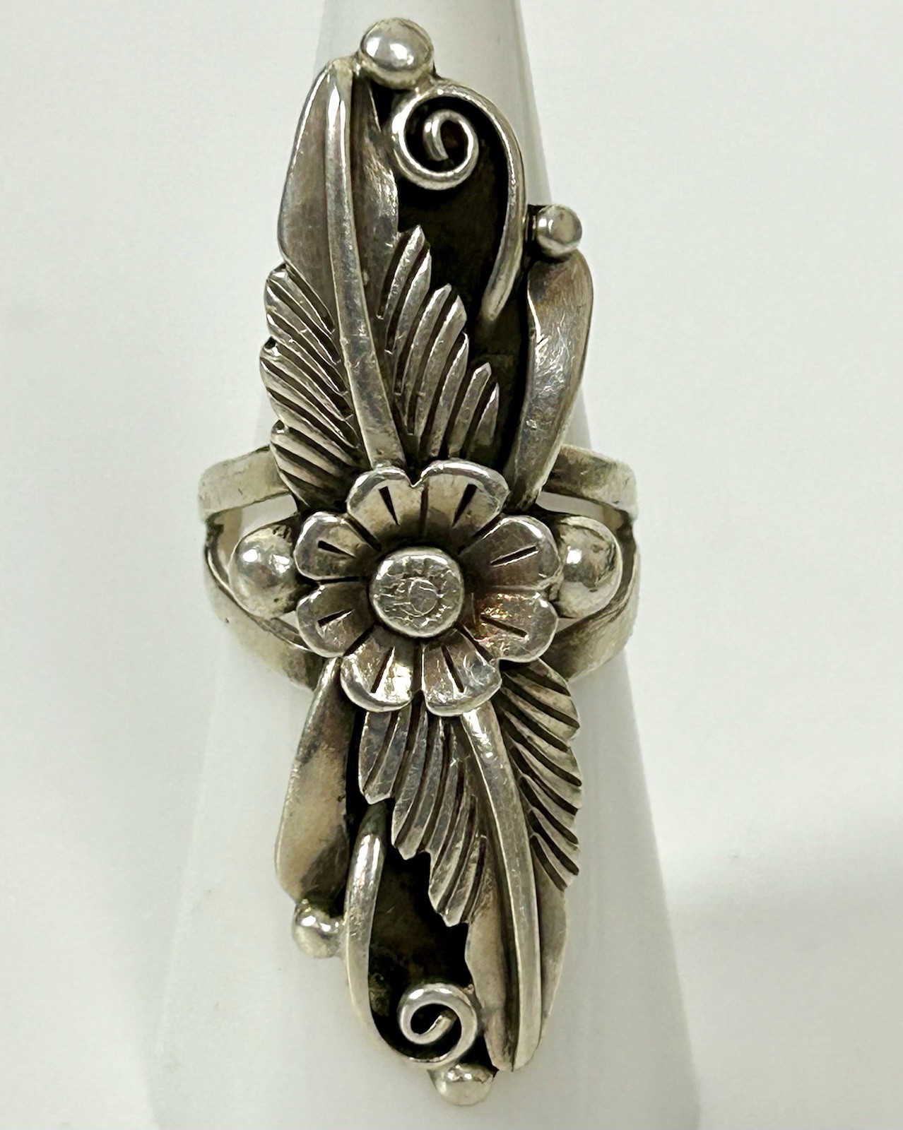 Native American AJ Platero Sterling Silver Flower Statement Ring Size 7