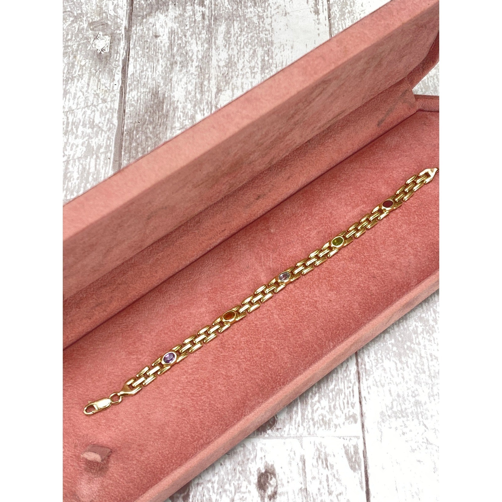 Estate 14k Yellow Gold Panther Link Multi Gemstone Rainbow Bracelet 7.25in